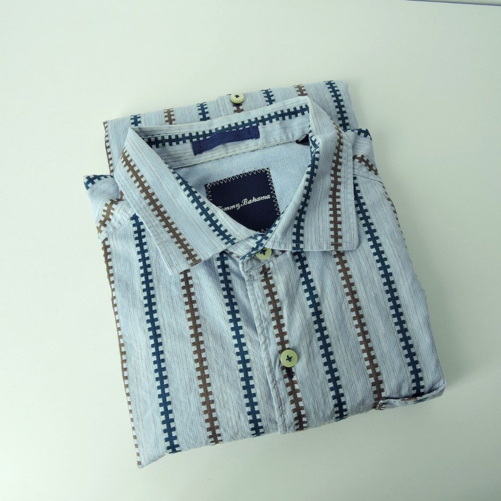 Tommy Bahama men's long sleeve shirt blue brown printed cotton size L large